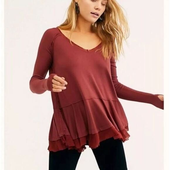 Free People We the Free Oversized Flowing Layered Hem Long Sleeve Thermal Blouse - Picture 1 of 7